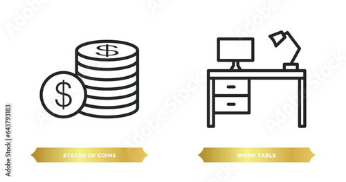 two editable outline icons from business concept. thin line icons such as stacks of coins, work table vector.