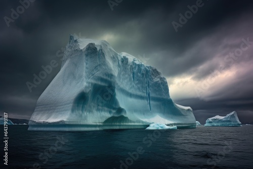 iceberg calving under dramatic stormy sky