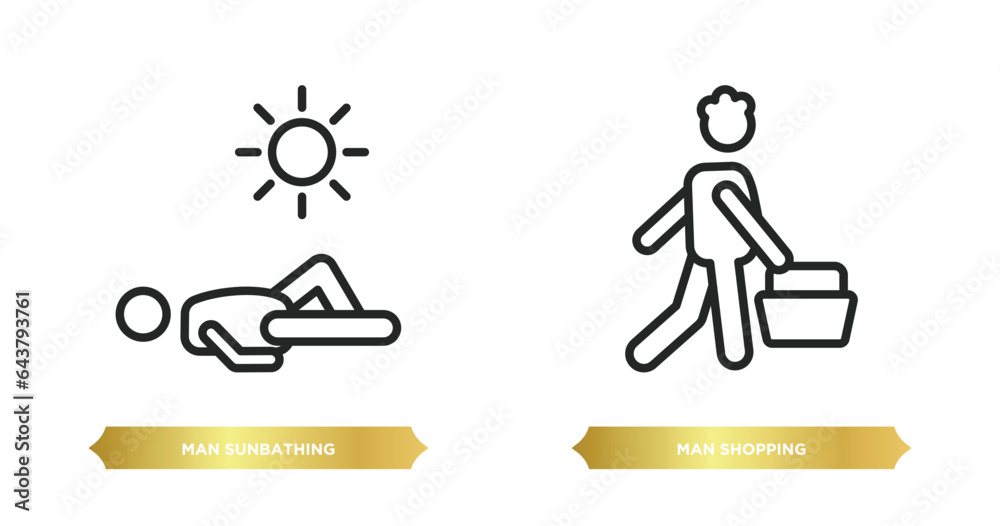 two editable outline icons from behavior concept. thin line icons such as man sunbathing, man shopping vector. two editable outline icons from behavior concept. thin line icons such as man sunbathing, man shopping vector.