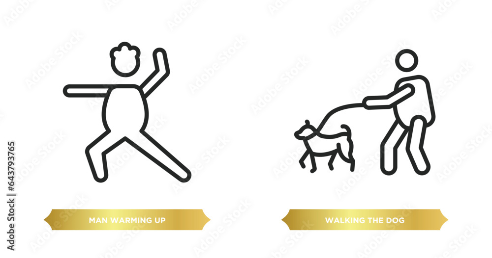two editable outline icons from behavior concept. thin line icons such as man warming up, walking the dog vector.