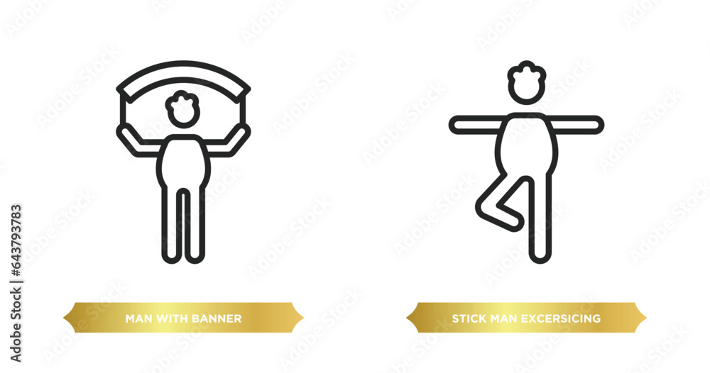 two editable outline icons from behavior concept. thin line icons such as man with banner, stick man excersicing vector. two editable outline icons from behavior concept. thin line icons such as man with banner, stick man excersicing vector.