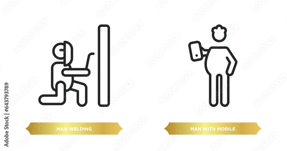 two editable outline icons from behavior concept. thin line icons such as man welding, man with mobile phone vector. two editable outline icons from behavior concept. thin line icons such as man welding, man with mobile phone vector.