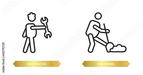 two editable outline icons from behavior concept. thin line icons such as man with tool, man digging vector.