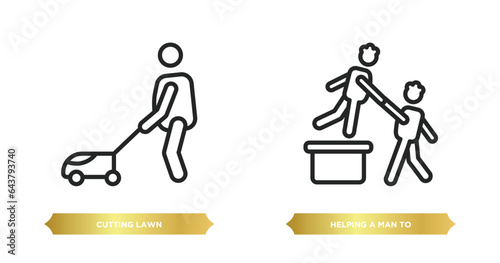 two editable outline icons from behavior concept. thin line icons such as cutting lawn, helping a man to climb vector.