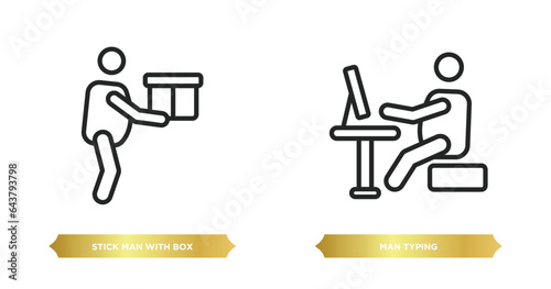 two editable outline icons from behavior concept. thin line icons such as stick man with box, man typing vector.