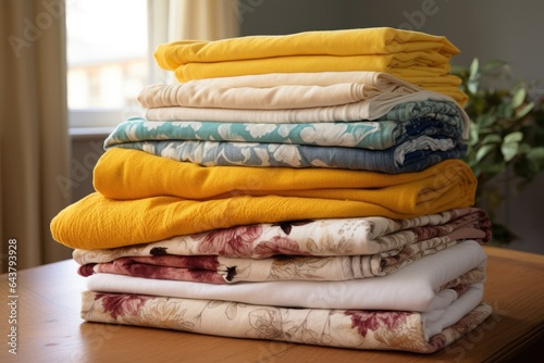 stack of freshly laundered bed linens and towels