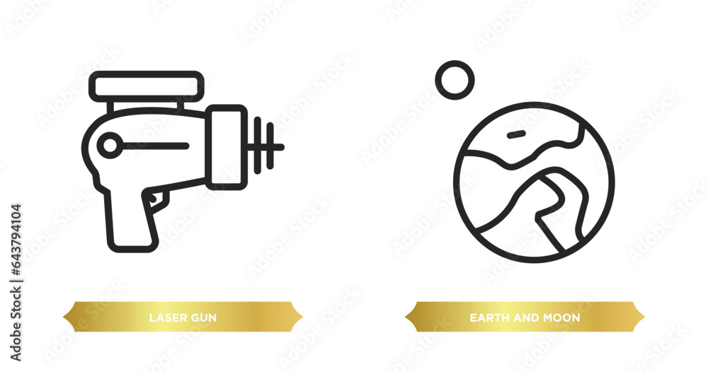 two editable outline icons from astronomy concept. thin line icons such as laser gun, earth and moon vector. two editable outline icons from astronomy concept. thin line icons such as laser gun, earth and moon vector.
