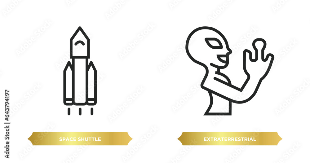 two editable outline icons from astronomy concept. thin line icons such as space shuttle, extraterrestrial vector. two editable outline icons from astronomy concept. thin line icons such as space shuttle, extraterrestrial vector.