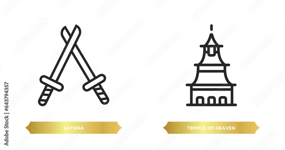 two editable outline icons from asian concept. thin line icons such as katana, temple of heaven vector.