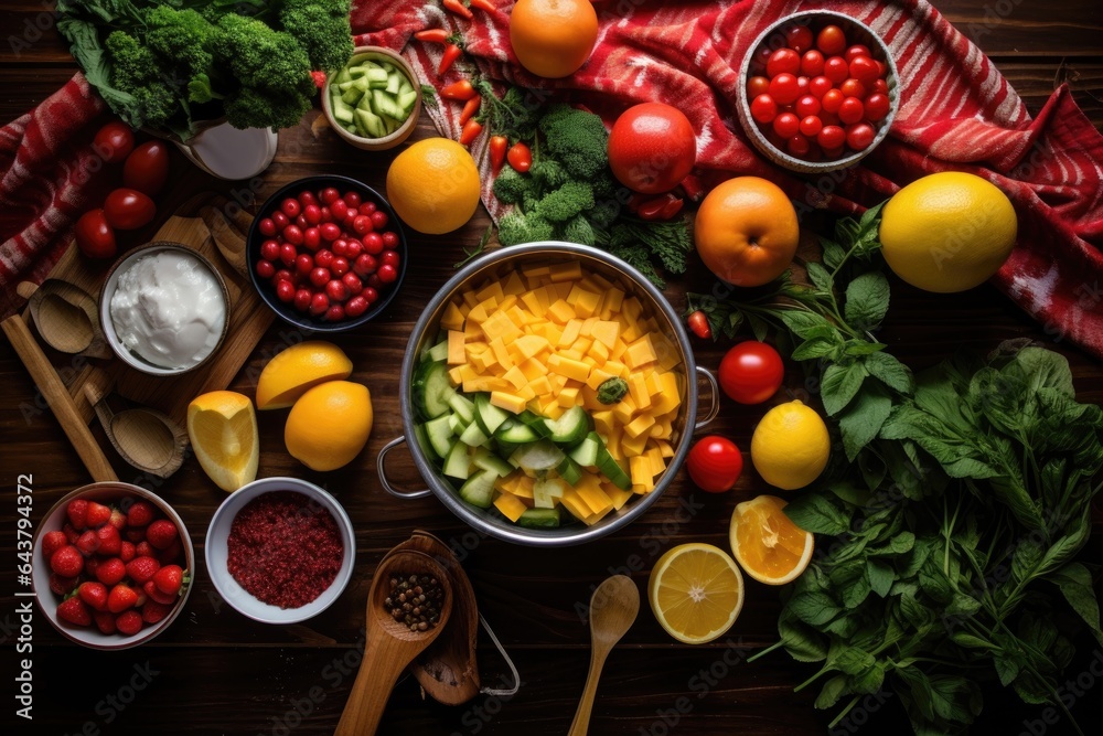 overhead shot of fruit salad ingredients on a table