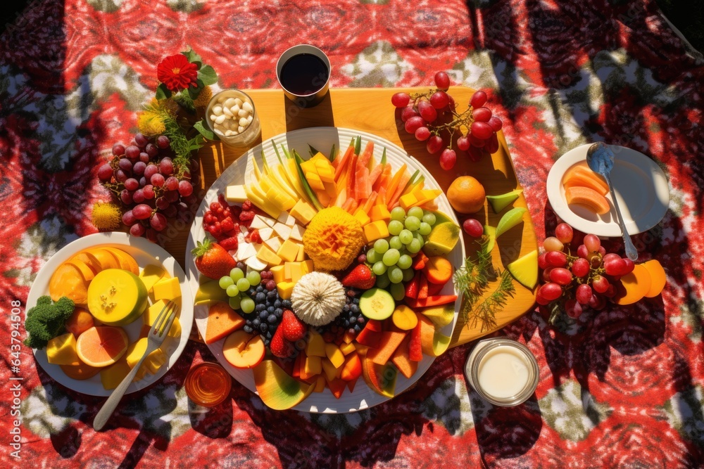 aerial view of a picnic setting with a fruit salad centerpiece