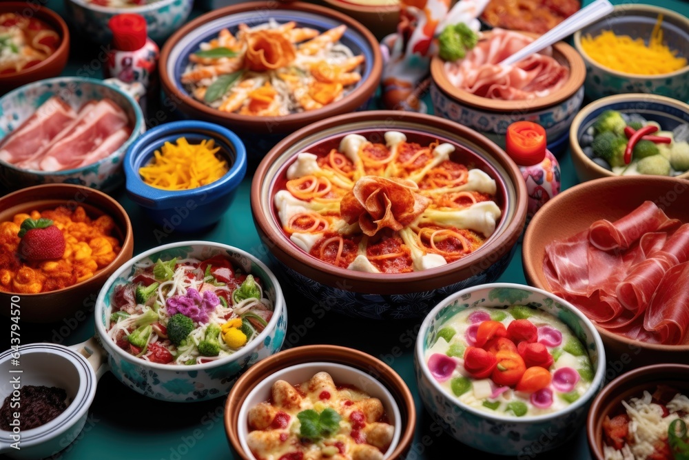 variety of pizza toppings in colorful bowls