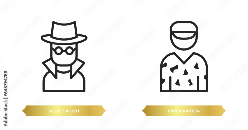 two editable outline icons from army and war concept. thin line icons such as secret agent, conscription vector.