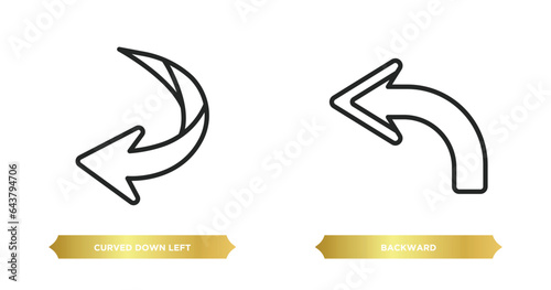two editable outline icons from arrows concept. thin line icons such as curved down left arrow, backward vector.