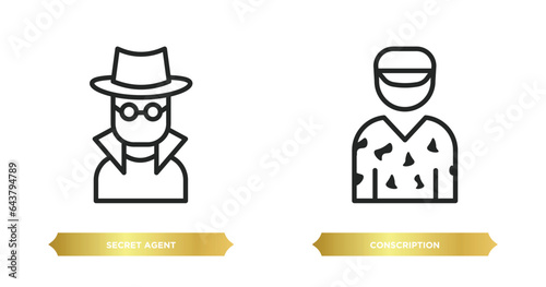 two editable outline icons from army and war concept. thin line icons such as secret agent, conscription vector.