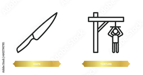 two editable outline icons from army and war concept. thin line icons such as knife, torture vector.