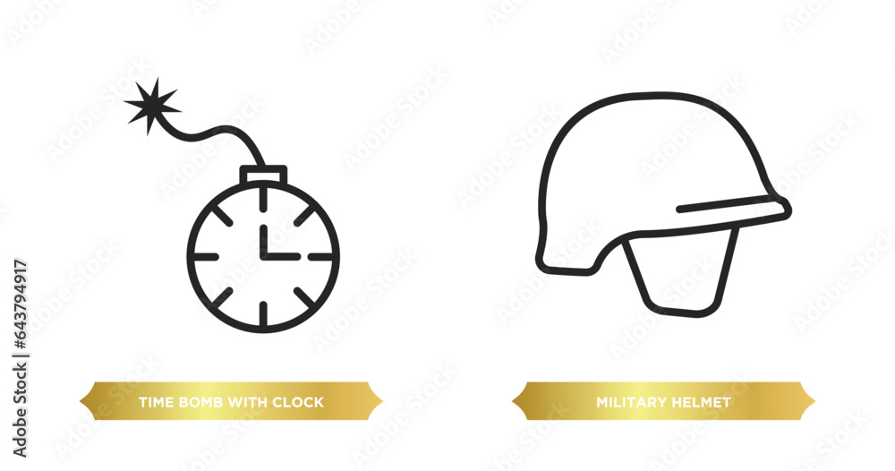 two editable outline icons from army and war concept. thin line icons such as time bomb with clock, military helmet vector.
