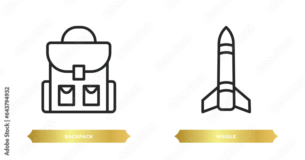 two editable outline icons from army and war concept. thin line icons such as backpack, missile vector.