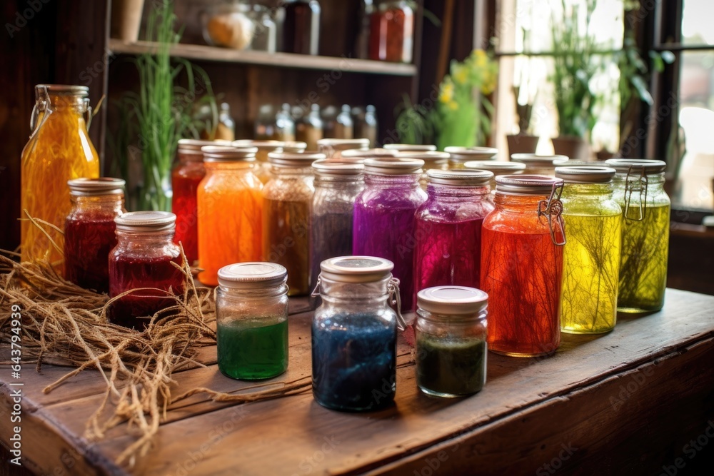 colorful plant-based dyes in glass jars on rustic table