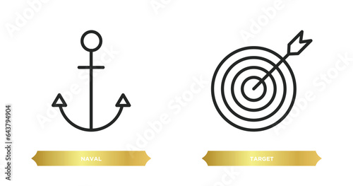 two editable outline icons from army and war concept. thin line icons such as naval, target vector.