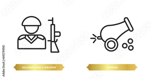 two editable outline icons from army concept. thin line icons such as soldiers and a weapon, cannon vector.