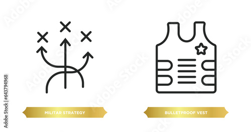 two editable outline icons from army concept. thin line icons such as militar strategy, bulletproof vest vector.