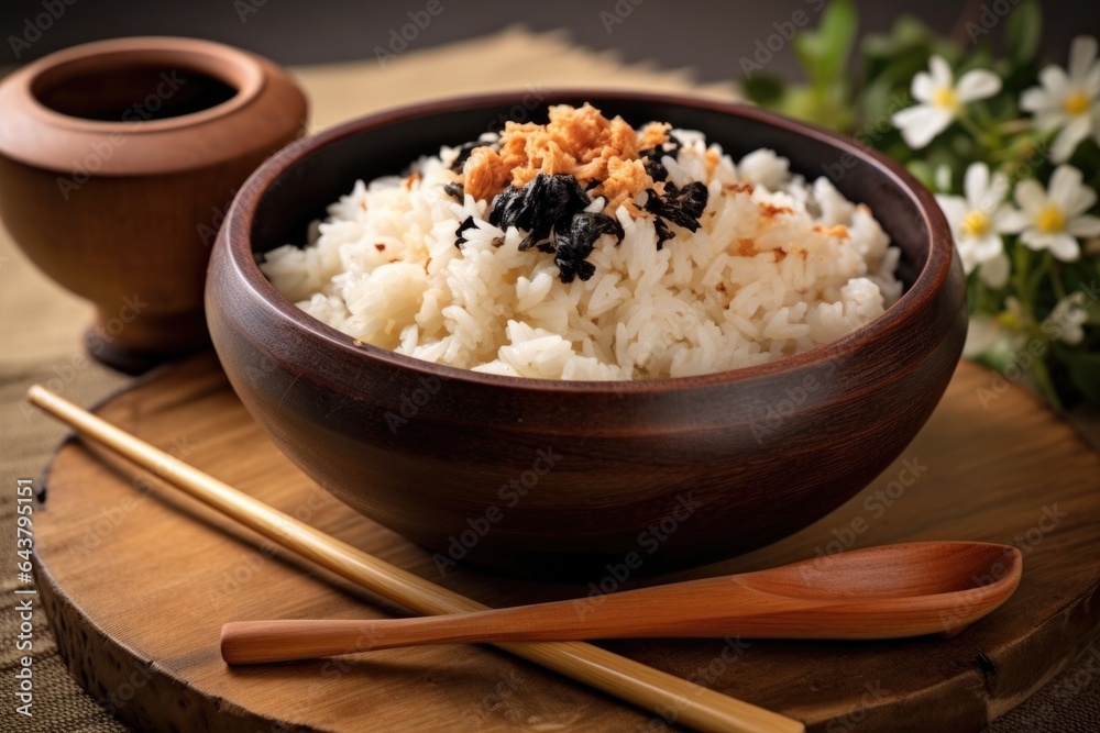 sushi rice in a wooden bowl with a spoon sushi rice in a wooden bowl with a spoon