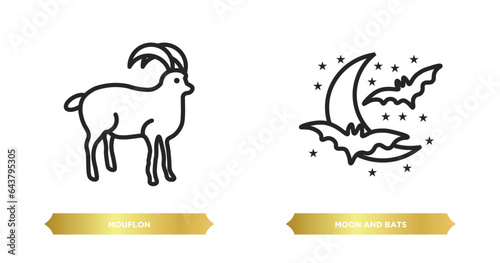 two editable outline icons from animals concept. thin line icons such as mouflon, moon and bats vector.