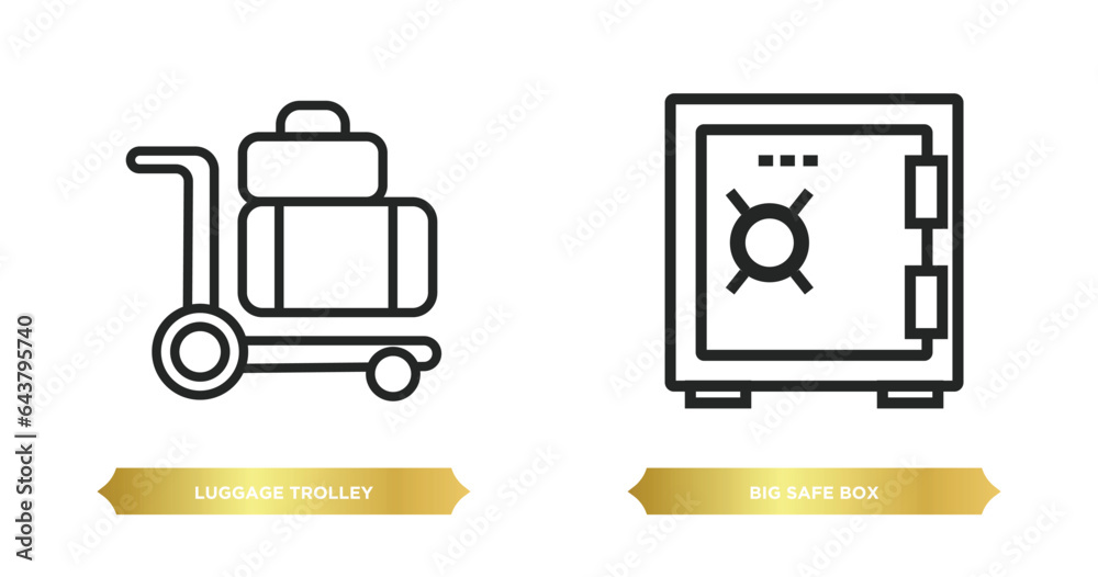 two editable outline icons from airport terminal concept. thin line icons such as luggage trolley, big safe box vector.