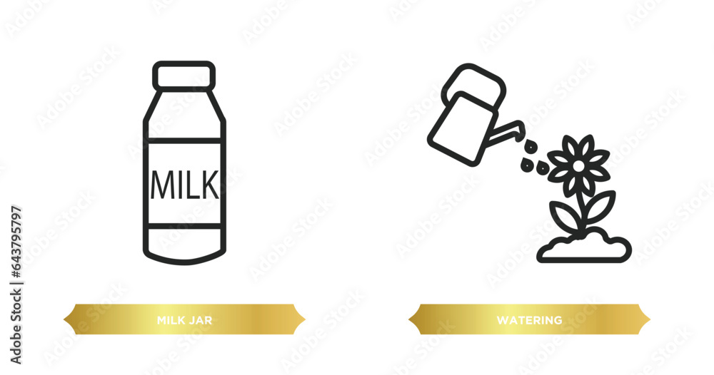 two editable outline icons from agriculture farming concept. thin line icons such as milk jar, watering vector. two editable outline icons from agriculture farming concept. thin line icons such as milk jar, watering vector.