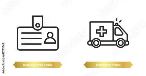 two editable outline icons from airport terminal concept. thin line icons such as identification badge, emergency truck vector.