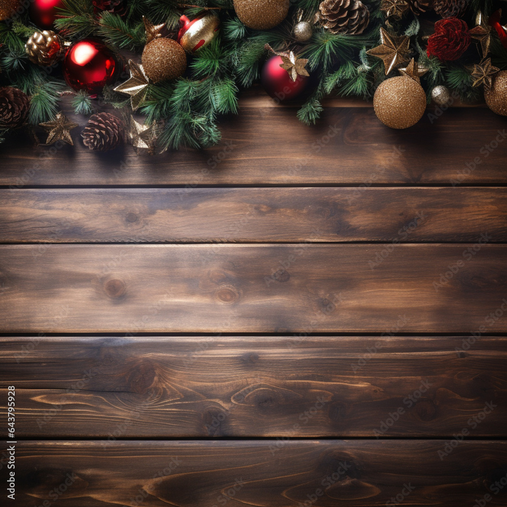 Fondo con detalle y textura de superficie de madera marron con diversos adornos de navidad Fondo con detalle y textura de superficie de madera marron con diversos adornos de navidad