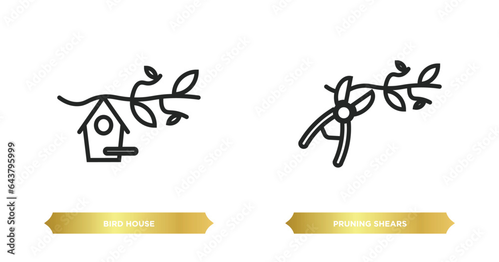 two editable outline icons from farming concept. thin line icons such as bird house, pruning shears vector.
