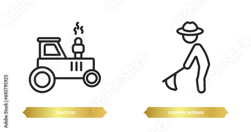 two editable outline icons from agriculture farming concept. thin line icons such as tractor, farmer hoeing vector.
