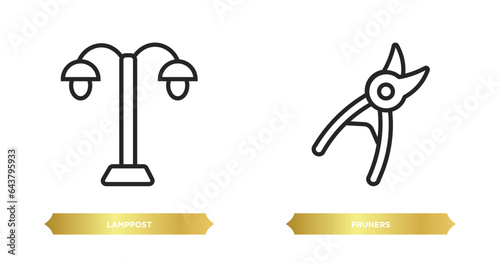 two editable outline icons from agriculture farming concept. thin line icons such as lamppost, pruners vector.