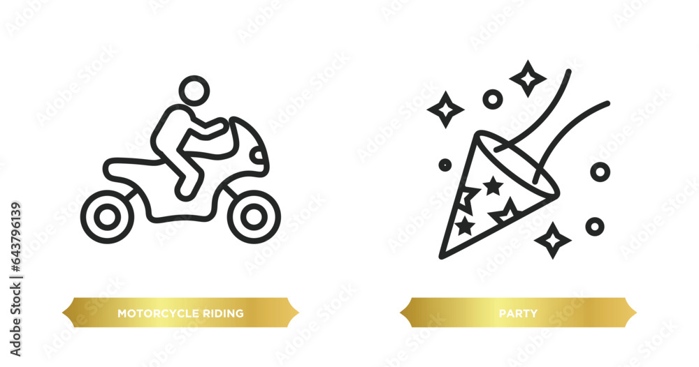 two editable outline icons from activity and hobbies concept. thin line icons such as motorcycle riding, party vector. two editable outline icons from activity and hobbies concept. thin line icons such as motorcycle riding, party vector.