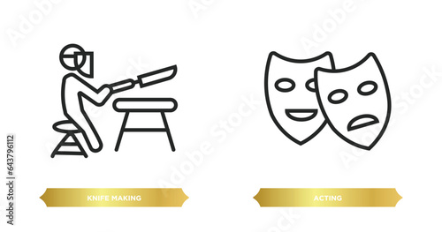 two editable outline icons from activity and hobbies concept. thin line icons such as knife making, acting vector.
