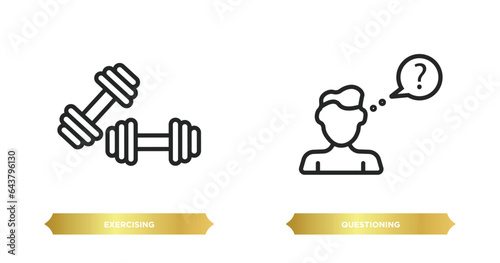 two editable outline icons from activity and hobbies concept. thin line icons such as exercising, questioning vector.