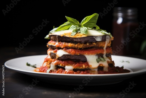 stacked eggplant parmesan with basil and tomato sauce