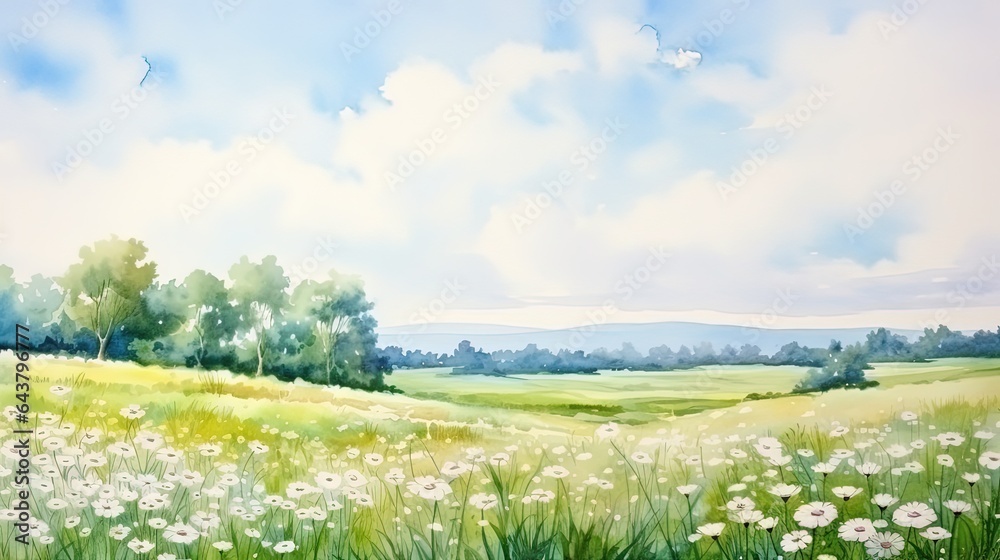 Watercolour illustration of a green field landscape, artistic modern and simple background - obrazy, fototapety, plakaty 