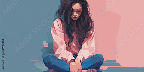 Depressed teem girl against two colored background showing duality