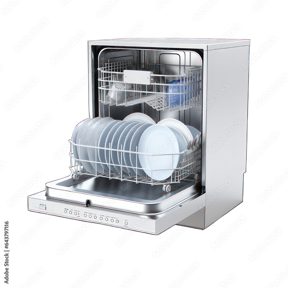 Open dishwasher with dishes isolated on white created with Generative AI Open dishwasher with dishes isolated on white created with Generative AI