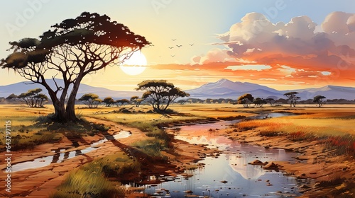 Watercolour illustration of an african landscape of the savanna, artistic modern and simple background