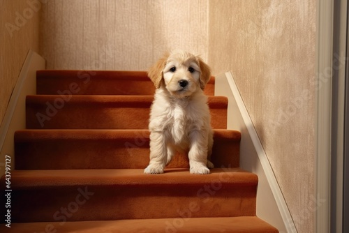 puppy cautiously approaching first stair step