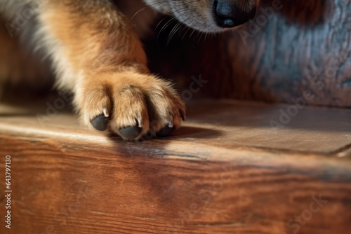 close-up of puppys paw on first stair step