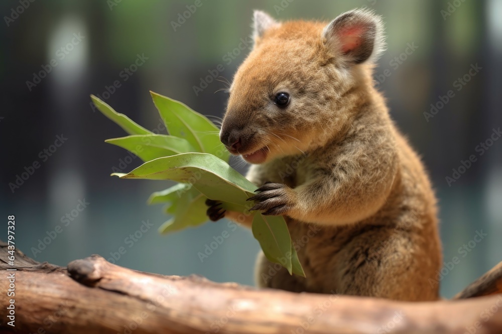 Obraz premium quokka eating eucalyptus leaves in natural habitat