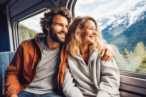 Happy couple in a commercial train going on a vacation, mountains on background