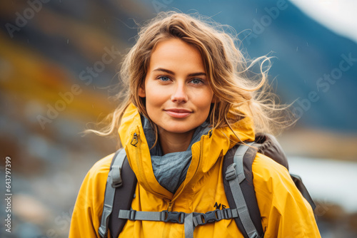 Smiling woman traveler in yellow jacket and with backpack on hike, autumn © Tajda