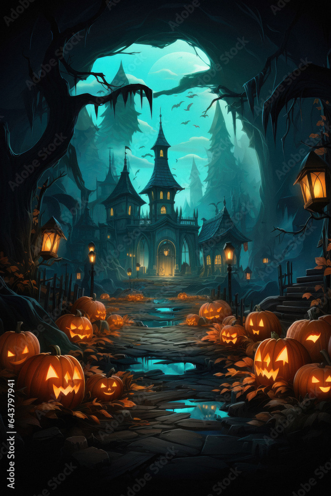 Halloween spooky background, scary jack o lantern pumpkins in creepy dark forest with bats, spooky trees, moon and old house Happy Haloween ghosts horror gothic mysterious night moonlight backdrop.