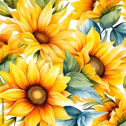 Seamless pattern of yellow watercolor sunflowers